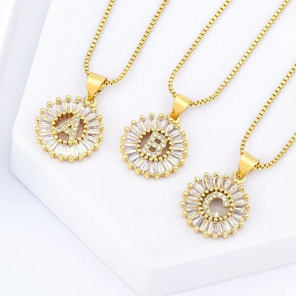 Yellow Gold Plated Women's Letter Detail Cubic Zirconia Round Charm Necklace - Picture 1 of 7